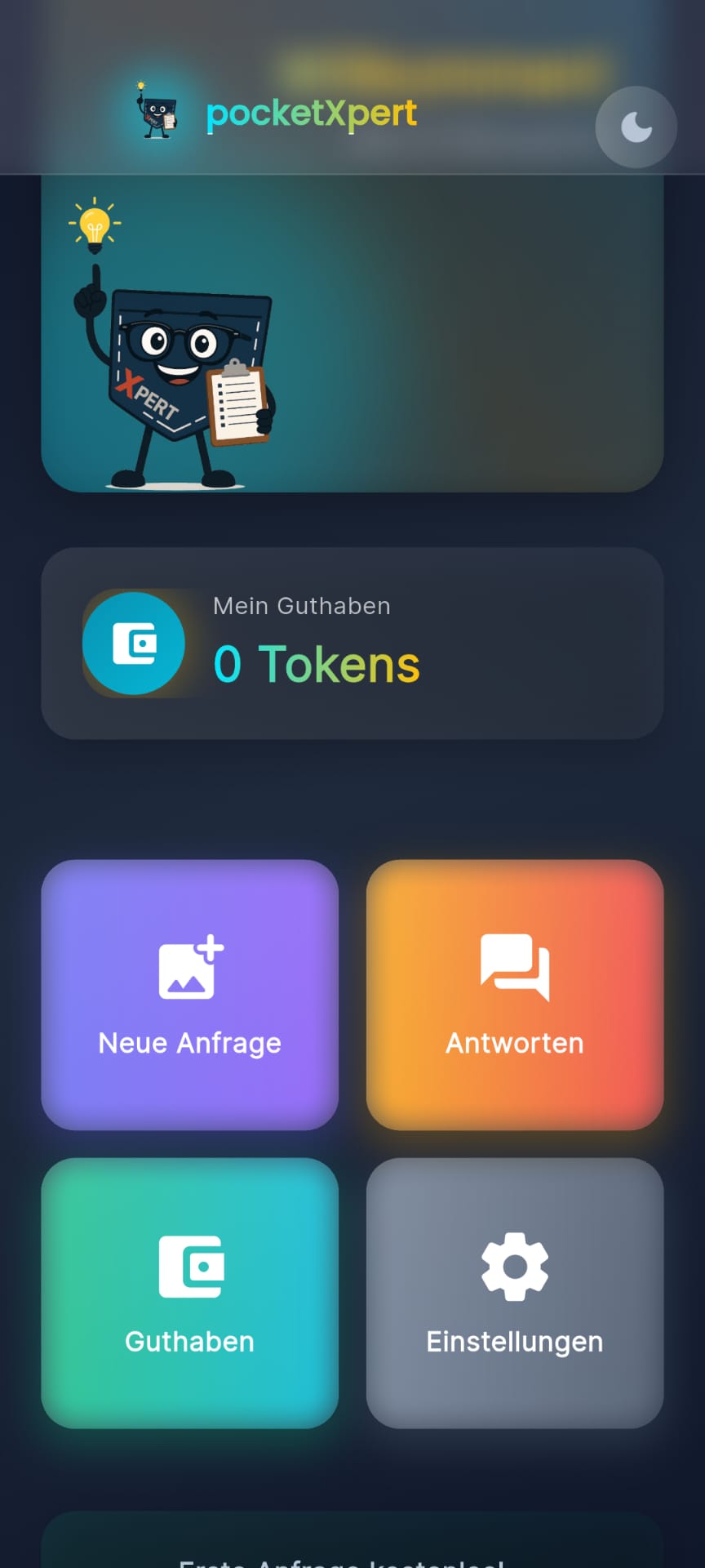 PocketXpert App – Hauptmenü im Dark Mode